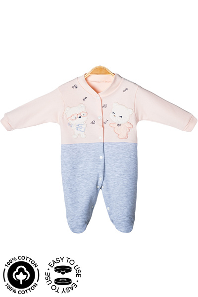 Miniel Unisex Baby Note Teddy Bear Embroidered 3-6-9 Months Combed Organic Cotton Baby Rompers with Booties
