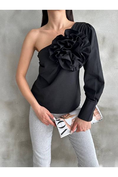 LE CARAMBOLE Women's Black One Shoulder and Rose Detailed Blouse