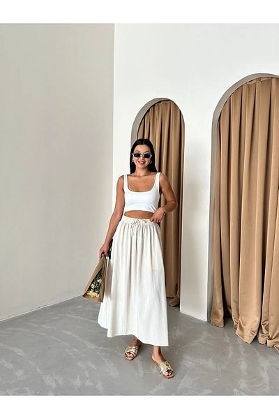 Laluvia Natürlicher Leinenrock aus 100 % Baumwolle mit dicker Taille und Gummizug – 1142