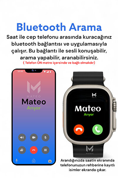 MATEO Akıllı Saat Watch 8 Ultra 45mm 1.99 Inç Türkçe Tüm Telefonlara Uyumlu Bluetooth Arama Gri Smartwatch