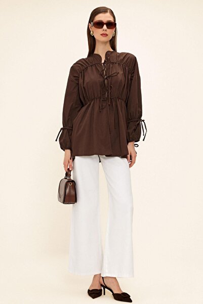 Olcay Volná košile se stahovací šňůrkou a zapínáním na tkaničky HNĚDÁ 9333