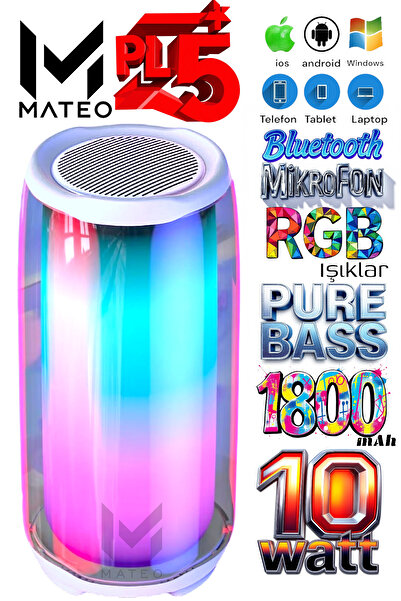MATEO Işıklı Bluetooth Hoparlör 10W Güçlü Bass, Mikrofonlu, 1800mAh Şarjlı, Kablosuz Müzik Keyfi