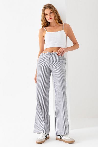 GİYSA Women's Waist Lace-Up Double Pocket Striped Trousers Gray White - Ms 0000570