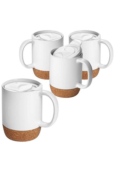 Quasar & Co. Set of 4 coffee/tea mugs, Quasar & Co.®, travel, with to-go lid, cork base, ceramic, 400 ml, white