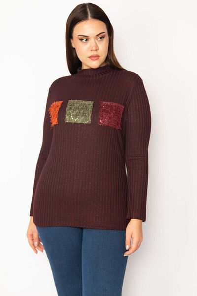 Şans Women's Large Size Claret Red Turtleneck Front Detailed Blouse 65n30358