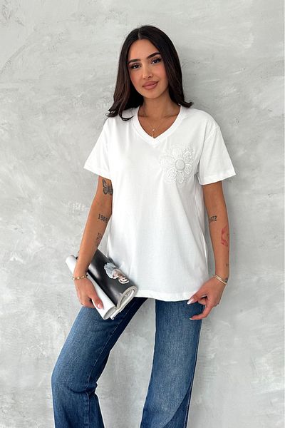 FEMELLE Tricou alb pentru femei, cu decolteu în V, cu paiete florale și cusut cu piatră, 100% bumbac