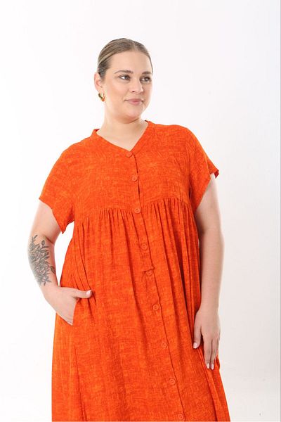 Şans Women Plus Size Orange, Woven Viscose Long Dress with Oversize Buttons Side Slit Pockets 65N38734