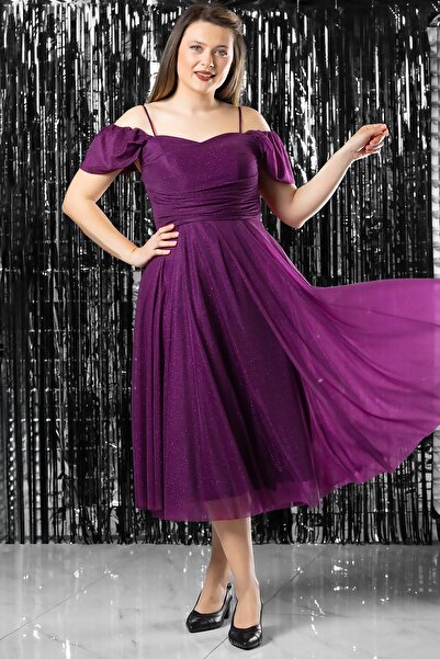 DENİMİNİ Askılı Midi Boy Parıltılı Tül Abiye Elbise DNM376