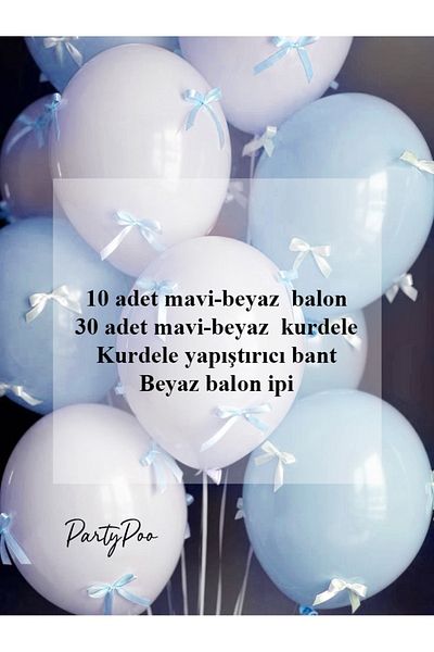 PartyPoo Blue and White Bow Ribbon, Blue and White Balloon Set 10 Birthday Bow Balloons, Balloon with Ribbon