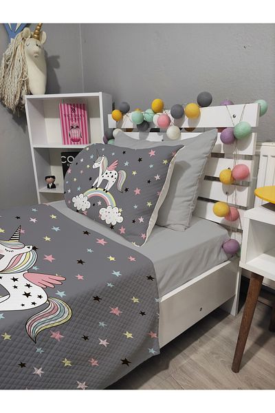 yok yok evim eve dair her şey 4 Piece Unicorn Patterned Single Pique Bedspread Set with Elastic Sheets