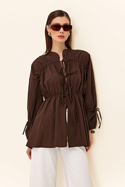 Olcay Volná košile se stahovací šňůrkou a zapínáním na tkaničky HNĚDÁ 9333