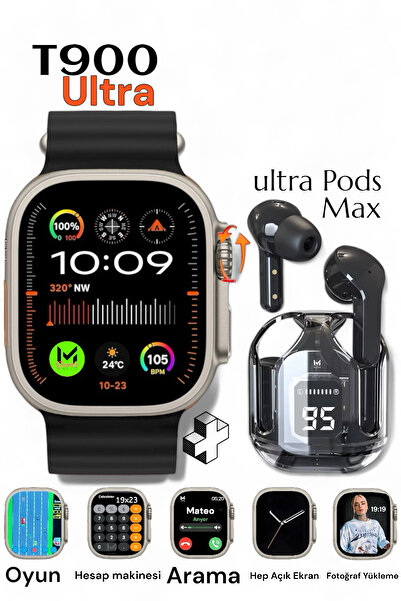MATEO Akıllı Saat Watch 8 T900 Ultra 2s 2.3inch Arama+Ultra Pods Max Dokunmatik Bluetooth Kulaklık 2li Set