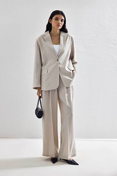 Hooopstore Lyocell Cupra Kumaş Pileli Palazzo Bej Pantolon