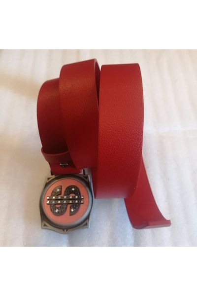 Butik Tülin Unisex Authentic Genuine Cowhide Red Gray Metallic Dollar Sign Lighter Cowboy Buckle Belt