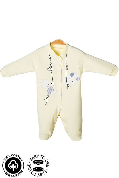 Miniel 3-6-9 Months Unisex Baby Rabbit Embroidered Organic Cotton Jumpsuit with Booties