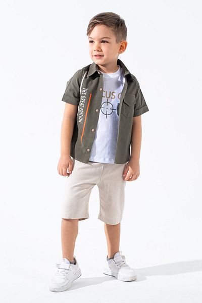 Egelite Boy's Summer Printed Short Sleeve 1-8 Years Old Shirt with Linen Capri 3-Piece Stylish Holiday Suit