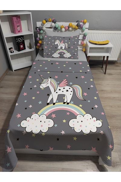 yok yok evim eve dair her şey 4 Piece Unicorn Patterned Single Pique Bedspread Set with Elastic Sheets