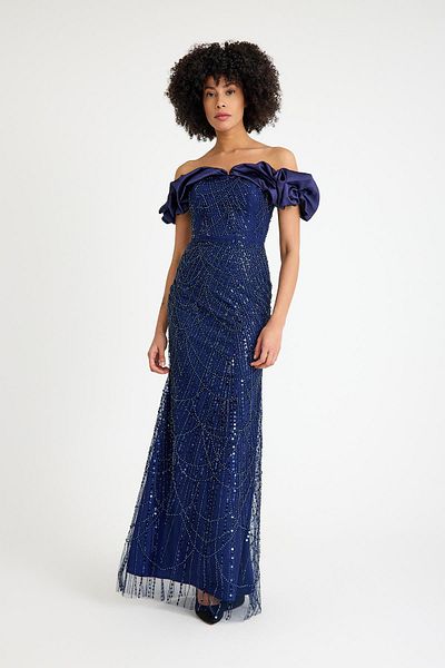 SpringStore Navy Blue Off Shoulder Beaded Evening Dress