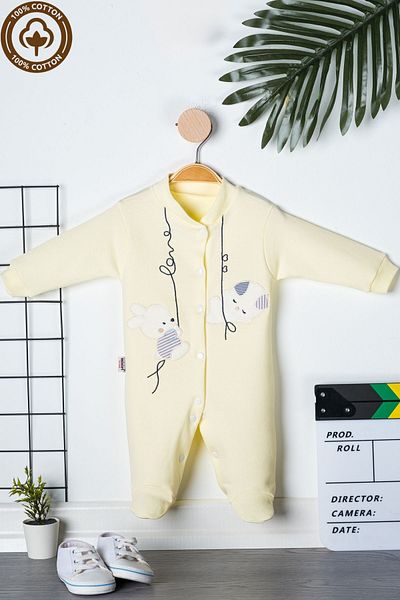 Miniel 3-6-9 Months Unisex Baby Rabbit Embroidered Organic Cotton Jumpsuit with Booties