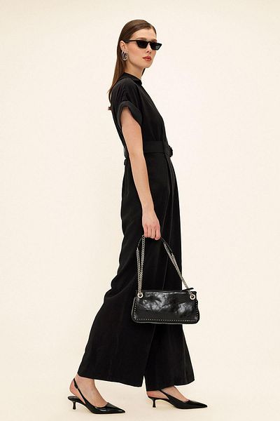 Olcay Short Sleeve Belt Detailed Modal Jumpsuit Black 9342