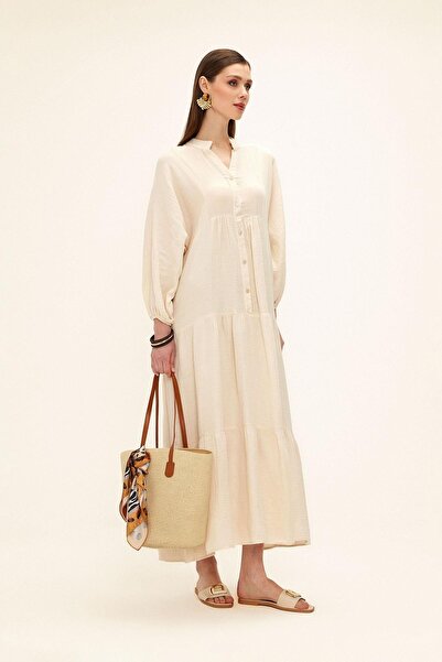 Olcay Φόρεμα με μανίκια με λεπτομέρεια μουσελίνας μπεζ 9330-E