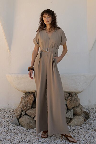 Olcay Short Sleeve Belt Detailed Modal Jumpsuit Bej 9342