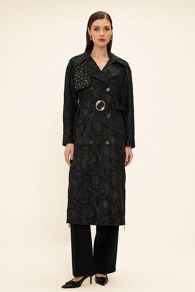Olcay Zippered Cape with Stone Detail on the Sides Lined Glitter Jacquard Trench Coat Black 6725