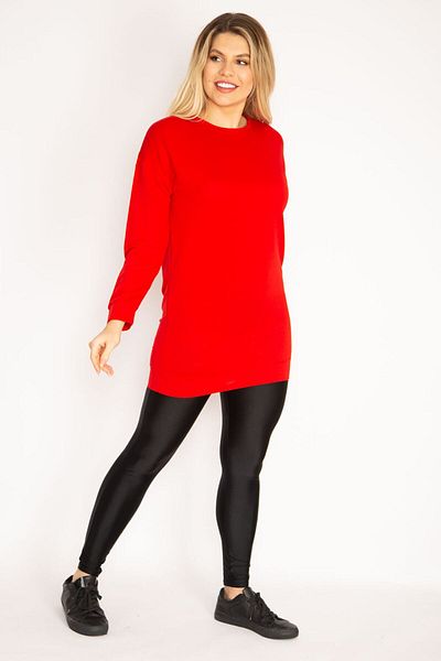Şans Women's Large Size Red Tunic with Banded Sleeves and Hem 65n31035