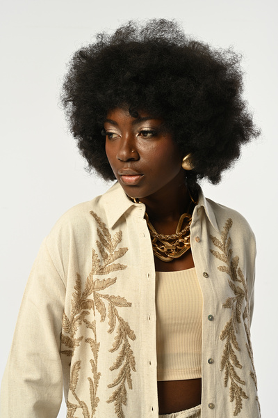 Orfeo Negro Women Natur Color Brown Embroidered Oversize Cut Shirt