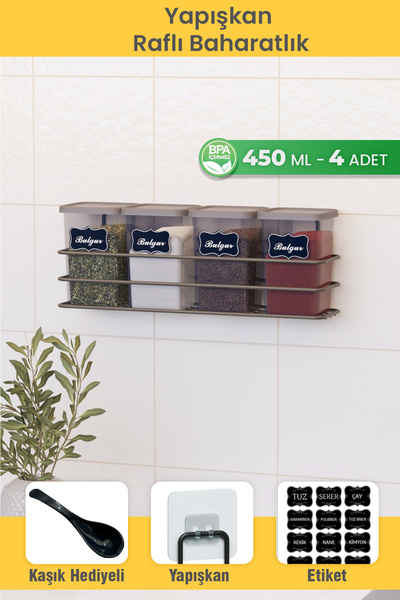 Dekula Yapışkan Raflı 4 lü 450 ml Baharatlık Seti Etiket ve Kaşık Hediyeli Me...