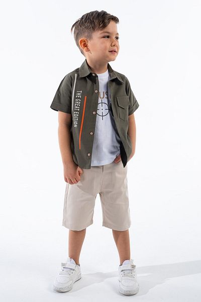 Egelite Boy's Summer Printed Short Sleeve 1-8 Years Old Shirt with Linen Capri 3-Piece Stylish Holiday Suit