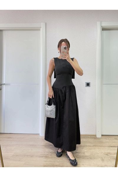Tam12den Home Long Women's Dress with Wings on the Back - Black