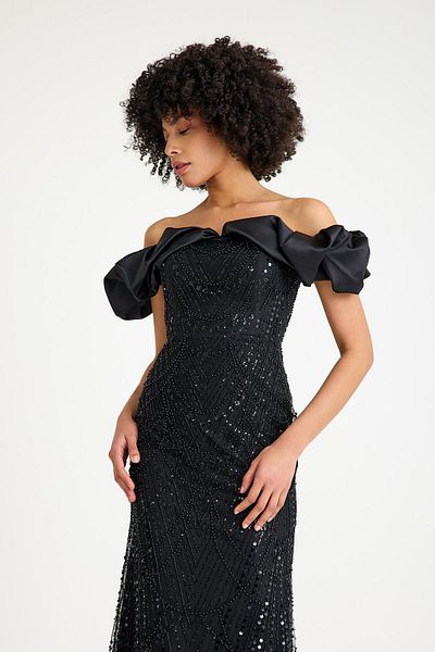 SpringStore Black Off Shoulder Beading Embroidered Evening Dress