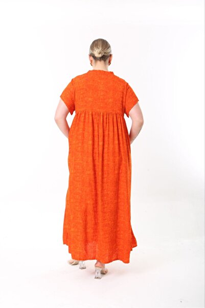 Şans Women Plus Size Orange, Woven Viscose Long Dress with Oversize Buttons Side Slit Pockets 65N38734
