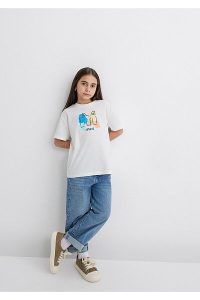 Mavi Logo Cat Printed Ecru T-Shirt Loose Fit / Loose Relaxed Cut 7610339 -70057