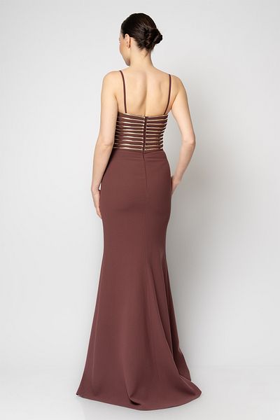 RENGIN Roba Patent Leather Piping Thin Straps Crepe Evening Dress