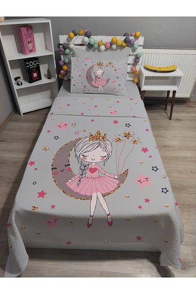 yok yok evim eve dair her şey 4 Piece Girl Sitting on the Moon Patterned Single Pi̇ke Bedspread Set with Elastic Sheets