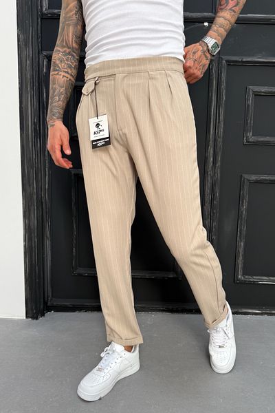 MADZEYMODA Ανδρικό παντελόνι Boyfriend Mold Διπλό Πλισέ Μπεζ υφασμάτινο παντελόνι KE-1025