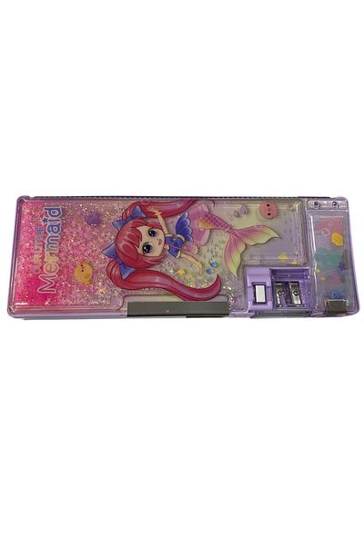 tüftürük Purple Pencil Case with Mermaid Double Compartment Watercolor Cover with Pencil Sharpener