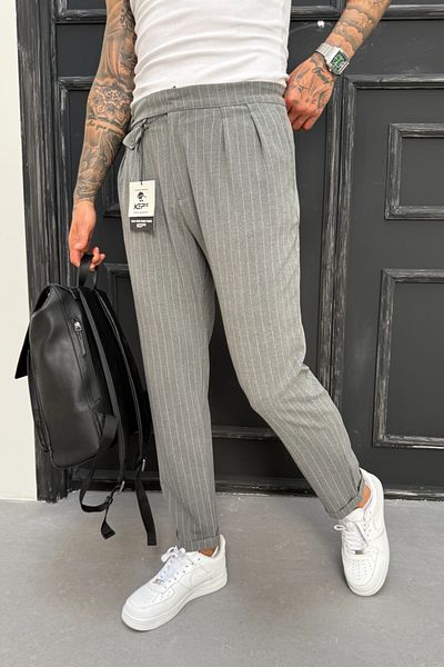 MADZEYMODA Ανδρικό παντελόνι Boyfriend Mold Double Leg Πλισέ γκρι υφασμάτινο παντελόνι KE-1025