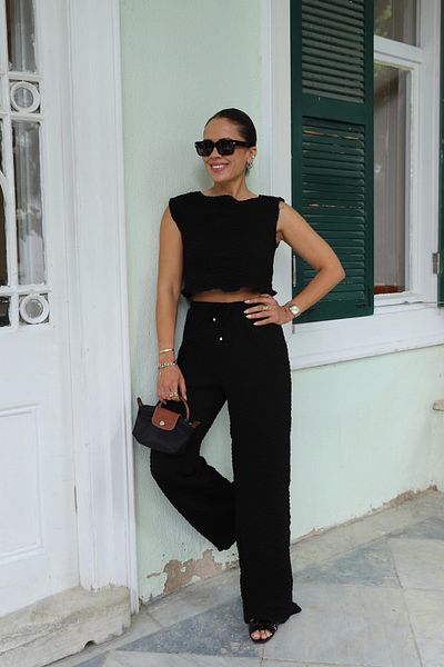 Purple by Banu Black Wrinkled Crop Pants Set
