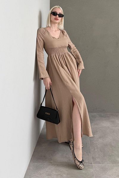 Seeh Φόρεμα Mink V-Neck μακρυμάνικο με σχισμή Sh228