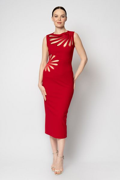 RENGIN Crepe Evening Dress with Laser Flower Cut on the Waist and Neckline