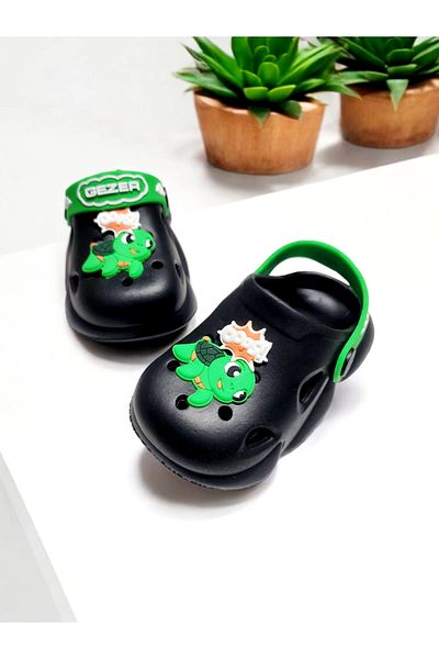 GEZER Children's Belted Green Animal Sticker Detailed Sea, Beach, Pool Sandals Slippers