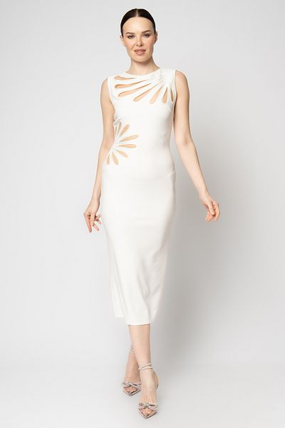 RENGIN Crepe Evening Dress with Laser Flower Cut on the Waist and Neckline