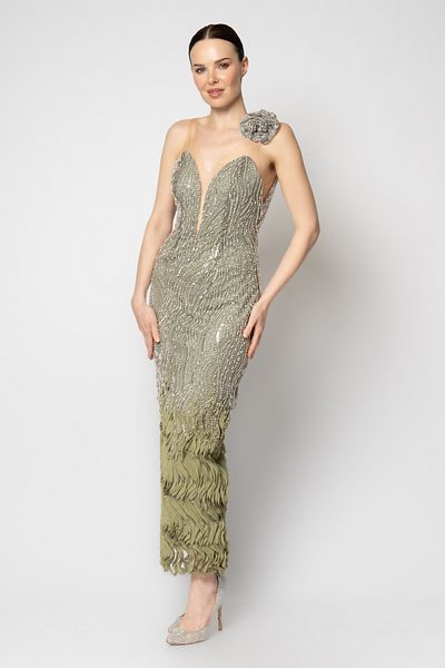 RENGIN One Shoulder Flower Tulle Strap Skirt Hem Wave Evening Dress
