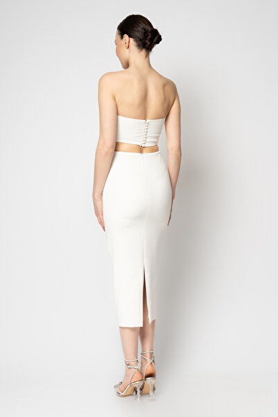 RENGIN Göğüs altı çiçekli belden dekolteli krep abiye elbise