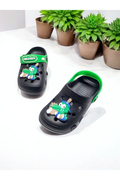 GEZER Children's Belted Green Animal Sticker Detailed Sea, Beach, Pool Sandals Slippers
