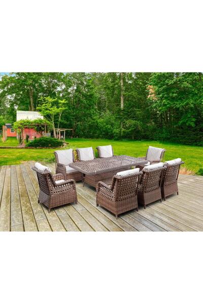 OmitPazar Fırat 8kişilik Kahverengi Örgü Rattan Oturma Grubu Minderli & 100x2...