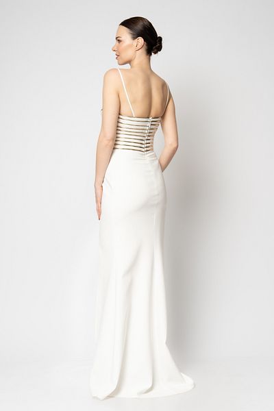 RENGIN Roba Patent Leather Piping Thin Straps Crepe Evening Dress